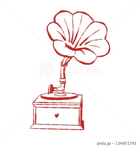 Vector outline of an old vintage gramophone, isolated object. Red lines, white background. Vector outline retro illustration of a musical instrument. Vector outline of an old vintage gramophone, isolated object. Red lines, white background. Vector outline retro illustration of a musical instrument. 134951795