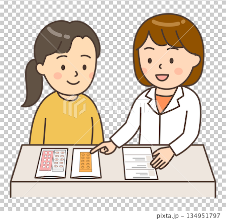 A female pharmacist explaining medicine to a young female patient A female pharmacist explaining medicine to a young female patient 134951797