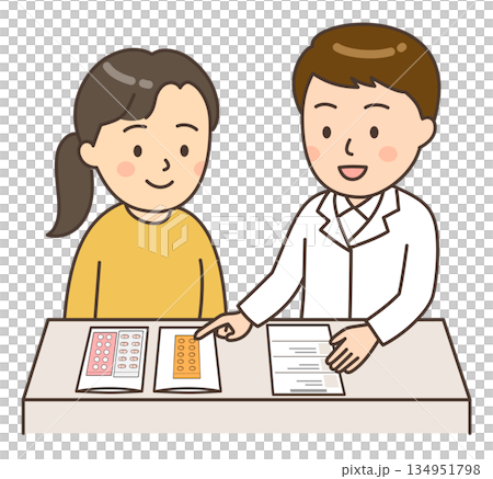 A male pharmacist explaining medicine to a young female patient A male pharmacist explaining medicine to a young female patient 134951798