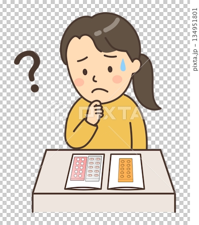 処方された薬を見ながら悩んでいる若い女性患者 134951801