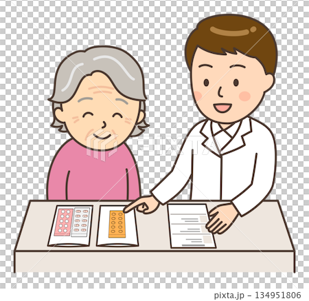 薬説明をする若い男性薬剤師と患者のおばあさん 134951806
