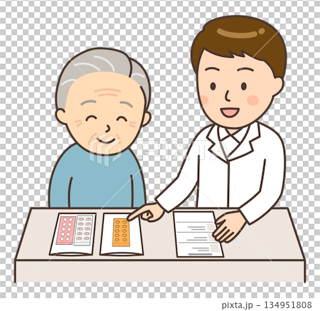 A young male pharmacist explaining medicine to an elderly patient A young male pharmacist explaining medicine to an elderly patient 134951808
