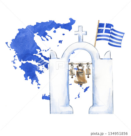 Watercolor composition with a white bell tower, the silhouette of Greece and the national striped flag of the country. Illustration in natural colors on an isolated background. Realistic clipart for Watercolor composition with a white bell tower, the silhouette of Greece and the national striped flag of the country. Illustration in natural colors on an isolated background. Realistic clipart for 134951856