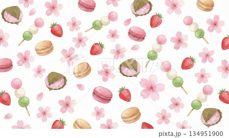 桜シリーズ：桜餅や三色団子などの春スイーツと桜の可愛いパターン 134951900