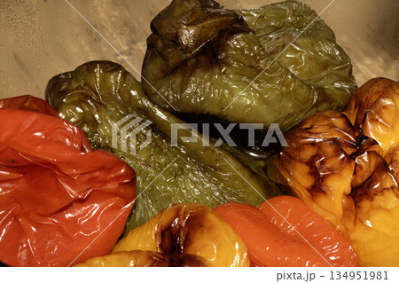 Close up or red green and yellow fried roasted sweet peppers 134951981