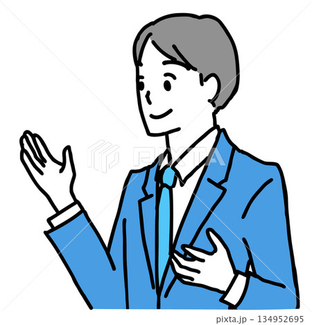 笑顔で案内をするスーツ姿の男性の上半身のイラスト 134952695