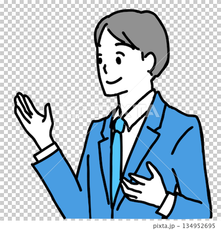笑顔で案内をするスーツ姿の男性の上半身のイラスト 134952695