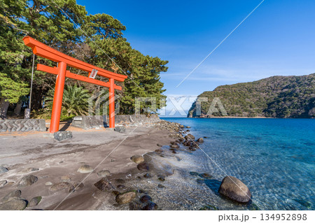 諸口神社　鳥居と駿河湾と富士山　「沼津市戸田」 134952898