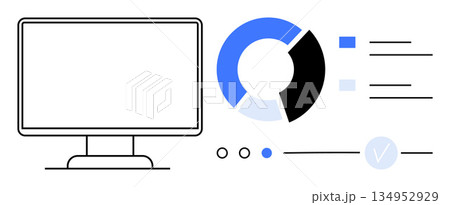 Data analytics, digital marketing, statistics, interface design, business strategy, technology tools. Monitor and pie chart with interface elements. Data analytics and digital marketing concept 134952929