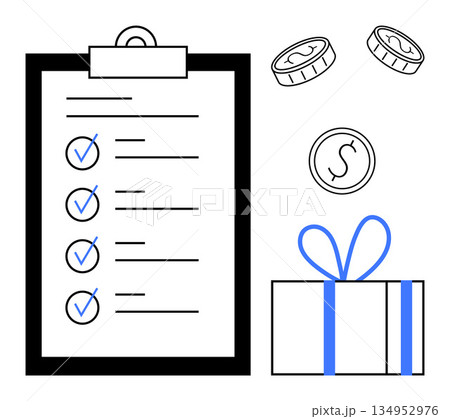 Financial planning, rewards programs, budgeting, gift giving, task completion, goal achievement. A checklist with blue check marks, coins and a wrapped gift. Financial planning and rewards programs 134952976