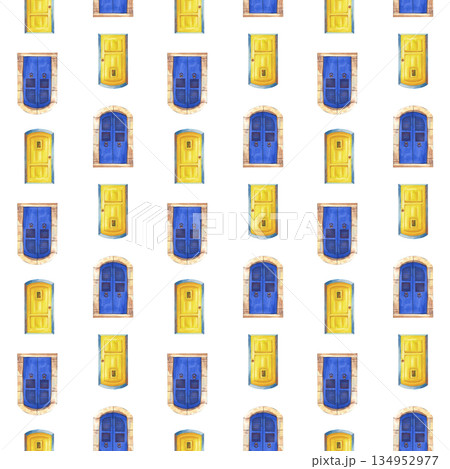 Watercolor seamless pattern with blue and yellow doors on a white background. Vertical background with traditional Greek architectural elements for tourism business, wallpaper, packaging 134952977