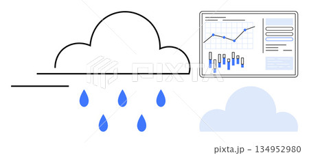 Cloud computing, data analytics, weather forecasting, technology, data visualization, environmental monitoring. Cloud with rain drops, analytics chart and abstract cloud symbol. Cloud computing Cloud computing, data analytics, weather forecasting, technology, data visualization, environmental monitoring. Cloud with rain drops, analytics chart and abstract cloud symbol. Cloud computing 134952980