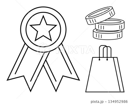 Rewards, shopping, finance, ecommerce, loyalty programs, savings. Outline of an award ribbon, stacked coins and shopping bag. Rewards and shopping iconography showcase finance and loyalty 134952986
