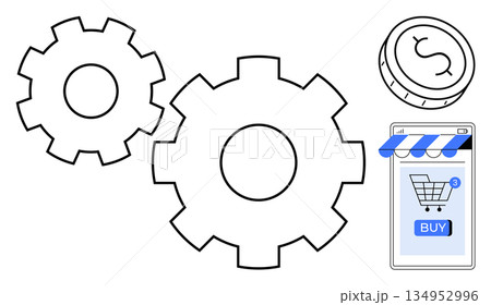 Online shopping, e-commerce solutions, payment systems, digital retail, automation, technology workflow. Shopping cart and coin next to interlocking gears. E-commerce and payment systems concept Online shopping, e-commerce solutions, payment systems, digital retail, automation, technology workflow. Shopping cart and coin next to interlocking gears. E-commerce and payment systems concept 134952996
