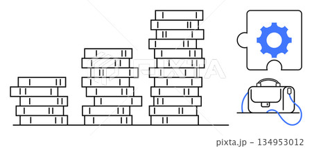 Business finance, strategic growth, planning ideas, monetary goals, investments, savings. Four stacks of coins, gear puzzle piece and a briefcase. Business finance and strategic growth concept 134953012