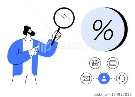 Business analytics, customer engagement, sales strategy, data exploration, user-centric design, e-commerce analysis. Man holding magnifying glass, icons of percentage and communication channels Business analytics, customer engagement, sales strategy, data exploration, user-centric design, e-commerce analysis. Man holding magnifying glass, icons of percentage and communication channels 134953013