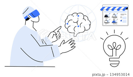 Artificial intelligence, VR technology, innovation, online learning, e-commerce, neuroscience. Person using VR headset interacting with virtual brain, shop and lightbulb icon. AI and VR technology 134953014