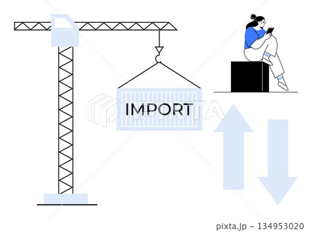 International trade, logistics, transport, digital business, commerce, supply chain. A crane lifts an import container, a person uses a device with arrows indicating trade flow. Trade and logistics International trade, logistics, transport, digital business, commerce, supply chain. A crane lifts an import container, a person uses a device with arrows indicating trade flow. Trade and logistics 134953020