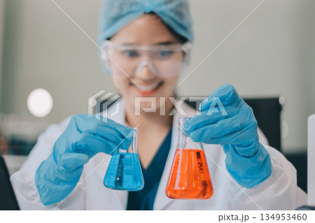 Portrait, science and happy woman on laptop in lab to research chemistry, test or innovation. Microscope, scientist and face of medical doctor in goggles for microbiology, healthcare or pharma study Portrait, science and happy woman on laptop in lab to research chemistry, test or innovation. Microscope, scientist and face of medical doctor in goggles for microbiology, healthcare or pharma study 134953460