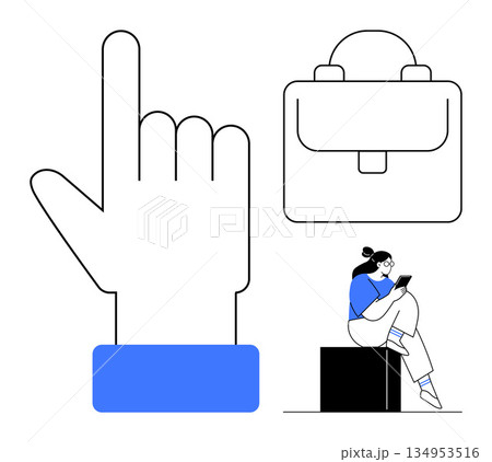Business communication, digital workspace, online networking, modern workflow, technology integration, remote work. Hand pointing up, briefcase icon seated woman on phone. Business communication 134953516