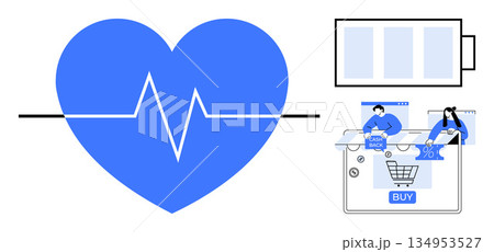E-commerce, digital health, sustainability, customer satisfaction, technology challenges, energy consumption. Blue heart with pulse, shopping interface and battery icon. E-commerce and digital E-commerce, digital health, sustainability, customer satisfaction, technology challenges, energy consumption. Blue heart with pulse, shopping interface and battery icon. E-commerce and digital 134953527