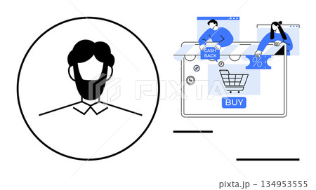 E-commerce, customer interaction, cashback, digital shopping, online transactions, retail sales. Profile image and shopping cart interface with cashback options. E-commerce and customer interaction E-commerce, customer interaction, cashback, digital shopping, online transactions, retail sales. Profile image and shopping cart interface with cashback options. E-commerce and customer interaction 134953555