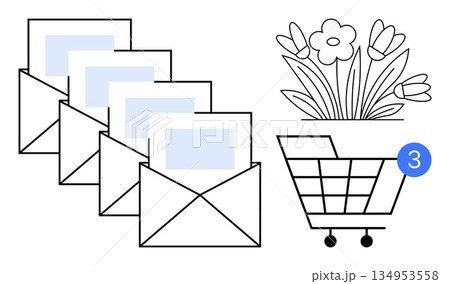 E-commerce, notifications, communication, messaging, floral delivery, digital shopping. Envelopes with letters, flower bouquet and shopping cart with notification. E-commerce and notifications E-commerce, notifications, communication, messaging, floral delivery, digital shopping. Envelopes with letters, flower bouquet and shopping cart with notification. E-commerce and notifications 134953558
