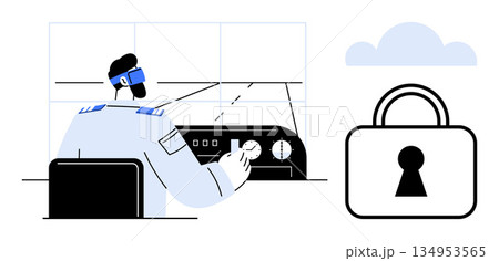 Cybersecurity, aviation safety, data protection, risk management, remote operations, modern technology. A pilot adjusting controls with a padlock icon. Cybersecurity and aviation safety concept Cybersecurity, aviation safety, data protection, risk management, remote operations, modern technology. A pilot adjusting controls with a padlock icon. Cybersecurity and aviation safety concept 134953565
