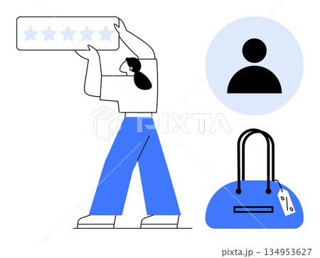 Customer satisfaction, online reviews, user feedback, e-commerce, product quality, branding. Person holding a five-star rating, user avatar handbag icon. Customer satisfaction and online reviews Customer satisfaction, online reviews, user feedback, e-commerce, product quality, branding. Person holding a five-star rating, user avatar handbag icon. Customer satisfaction and online reviews 134953627