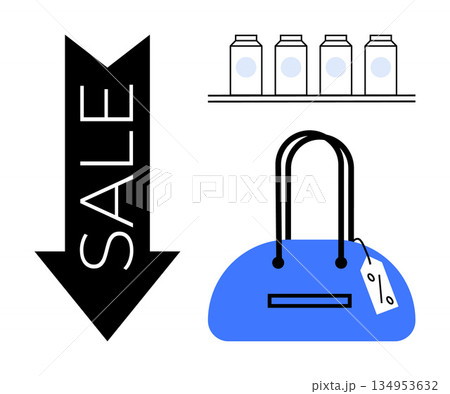 Black Friday, retail marketing, e-commerce, promotions, shopping discounts, price cuts. Downward arrow labeled sale, handbag with tag row of products. Retail marketing and e-commerce concept Black Friday, retail marketing, e-commerce, promotions, shopping discounts, price cuts. Downward arrow labeled sale, handbag with tag row of products. Retail marketing and e-commerce concept 134953632