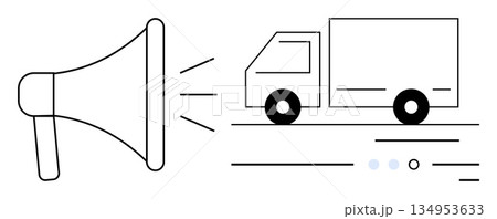 Marketing campaigns, delivery services, logistics management, promotions, ecommerce, communication. A megaphone next to a delivery truck. Marketing campaigns and delivery services 134953633