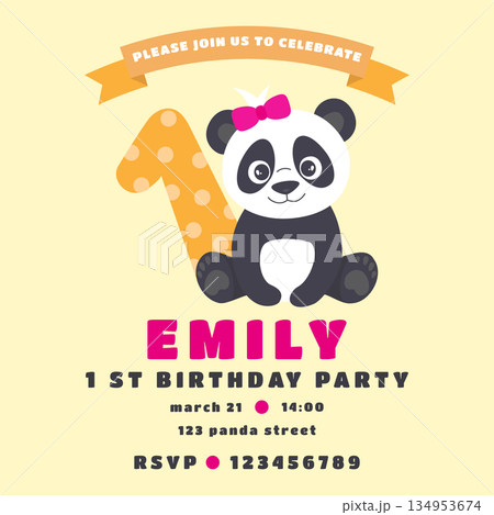 A cute panda invitation card template for a girl's first birthday. Vector illustration. A cute panda invitation card template for a girl's first birthday. Vector illustration. 134953674
