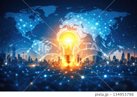 Global Innovation Network Concept with Glowing Light Bulb and World Map Global Innovation Network Concept with Glowing Light Bulb and World Map 134953798