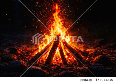 Burning Campfire at Night with Bright Flames and Flying Sparks Outdoors Burning Campfire at Night with Bright Flames and Flying Sparks Outdoors 134953830