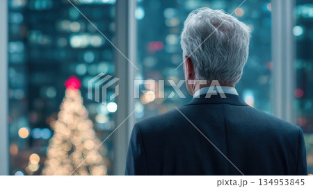 Business Executive Observing Modern Cityscape at Night Through Panoramic Window Business Executive Observing Modern Cityscape at Night Through Panoramic Window 134953845
