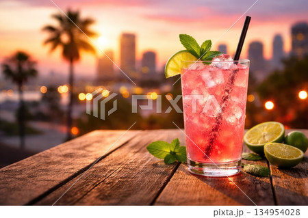 Pink Citrus Cocktail with Ice at Sunset City View Pink Citrus Cocktail with Ice at Sunset City View 134954028