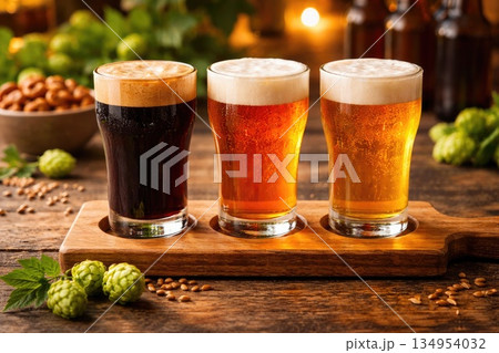Craft Beer Tasting Flight with Dark and Light Beers on Rustic Wooden Table Craft Beer Tasting Flight with Dark and Light Beers on Rustic Wooden Table 134954032