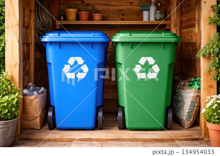 Blue and Green Recycling Bins in Wooden Garden Shed for Waste Sorting 134954033