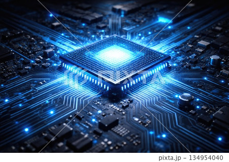 Futuristic Glowing Microchip on Circuit Board Representing Advanced Technology 134954040