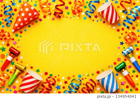 Colorful Party Background with Confetti, Streamers and Empty Space for Text 134954041