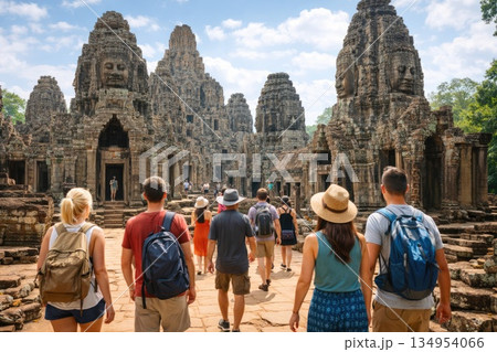 Travelers Exploring Bayon Temple Complex at Angkor Thom 134954066