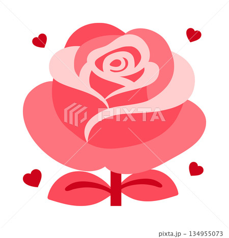 Playful illustration of pink rose with layered petals and floating hearts, Vector style artwork of pink rose with charming floating hearts and vibrant limited palette 134955073
