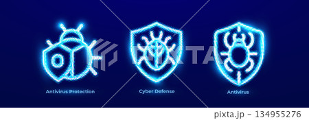Cyber security antivirus protection cyber defense shield bug icons. Neon glowing malware firewall background for web banner, app, software dashboard. Antivirus solutions graphics. Vector illustration. Cyber security antivirus protection cyber defense shield bug icons. Neon glowing malware firewall background for web banner, app, software dashboard. Antivirus solutions graphics. Vector illustration. 134955276