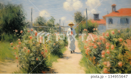Impressionist summer landscape with woman walking through flower garden 134955647