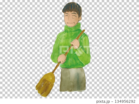 箒で掃除をしている笑顔のシニア男性 箒で掃除をしている笑顔のシニア男性 134956292