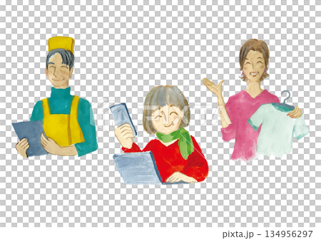 Working smiling senior men and women set watercolor material 134956297