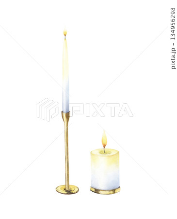 Golden candleholder with white burning candle. Tall candlestick. Watercolor illustration isolated on transparent background. Candelabrum clip art drawing in vintage style for wedding, Christmas art 134956298