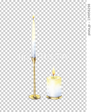 Golden candleholder with white burning candle. Tall candlestick. Watercolor illustration isolated on transparent background. Candelabrum clip art drawing in vintage style for wedding, Christmas art 134956298