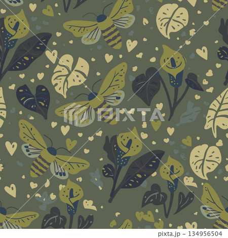 Elegant repeating pattern featuring Manduca sexta moths and Araceae leaves. Perfect for luxury wallpaper, artisanal textiles, and high-end decor. Elegant repeating pattern featuring Manduca sexta moths and Araceae leaves. Perfect for luxury wallpaper, artisanal textiles, and high-end decor. 134956504