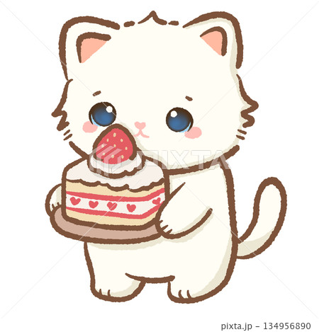 Cute white kitten holding a delicious strawberry shortcake with heart decorations adorable kawaii cat character illustration for celebration birthday and bakery cafe branding Cute white kitten holding a delicious strawberry shortcake with heart decorations adorable kawaii cat character illustration for celebration birthday and bakery cafe branding 134956890
